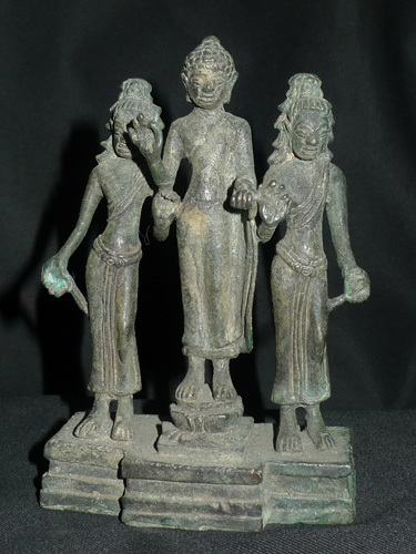 Three Khmer Buddha and deities on single base